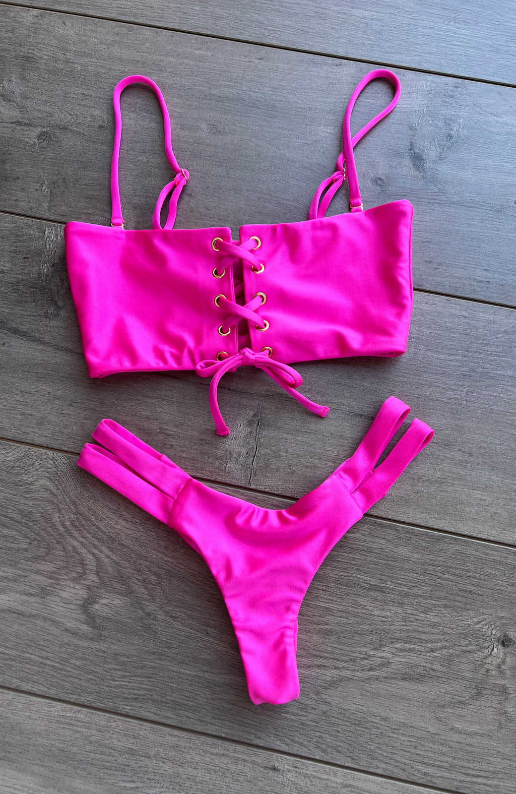 Lace Up Bandeau Top In Hot Pink